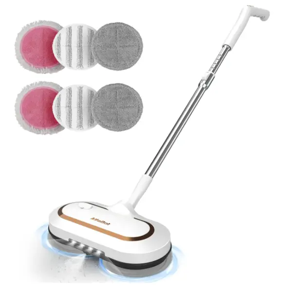 AlfaBot S2 Cordless Spin Mop with dual-spin motors, LED headlight, built-in water sprayer, and long-lasting rechargeable battery