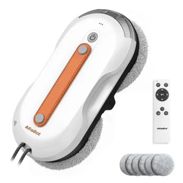 AlfaBot X7Pro window cleaning robot with 3980PA suction, dual-side water spray, 60ml tank, and smart auto-cleaning system