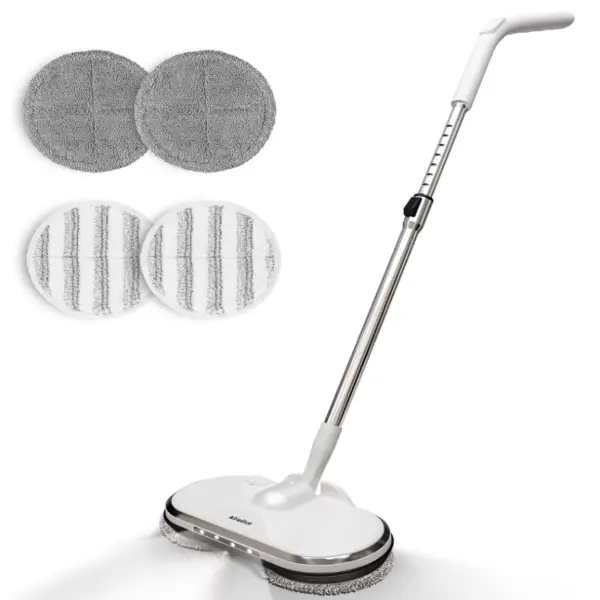 AlfaBot WS-24 cordless electric spin mop with dual motors, LED headlight, water sprayer, rechargeable battery, lightweight design