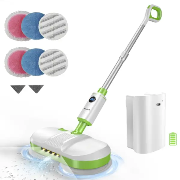 AlfaBot Cordless Dual Spin Mop with powerful motors, self-propelled design, LED headlight, water spray