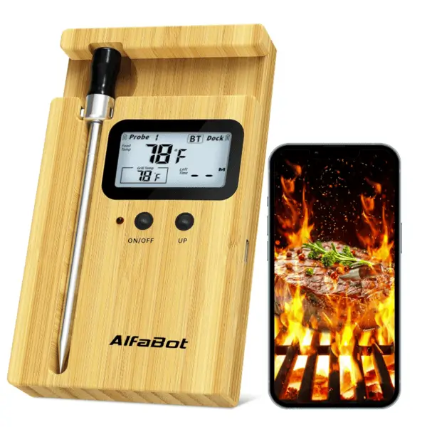 AlfaBot Bluetooth wireless meat thermometer with high-accuracy probe, app connectivity, and real-time temperature monitoring
